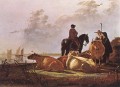 Peasants With Four Cows By The River Merwede countryside painter Aelbert Cuyp